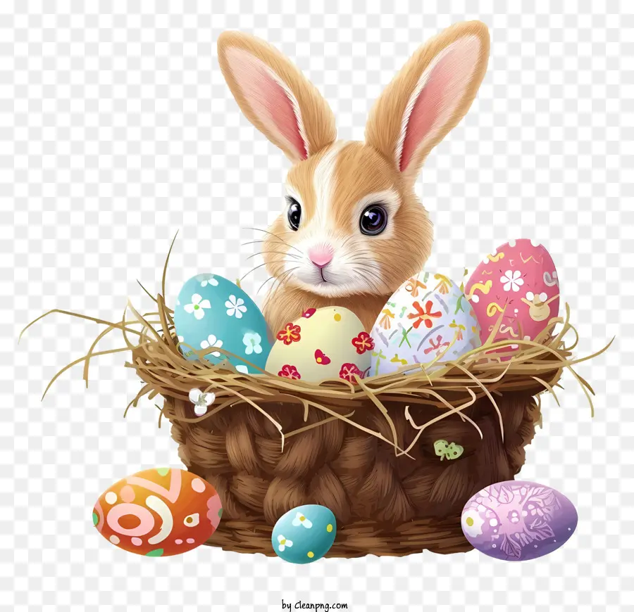 coniglietto di pasqua - Bunny seduto nel cestino del ramoscello con uova decorate