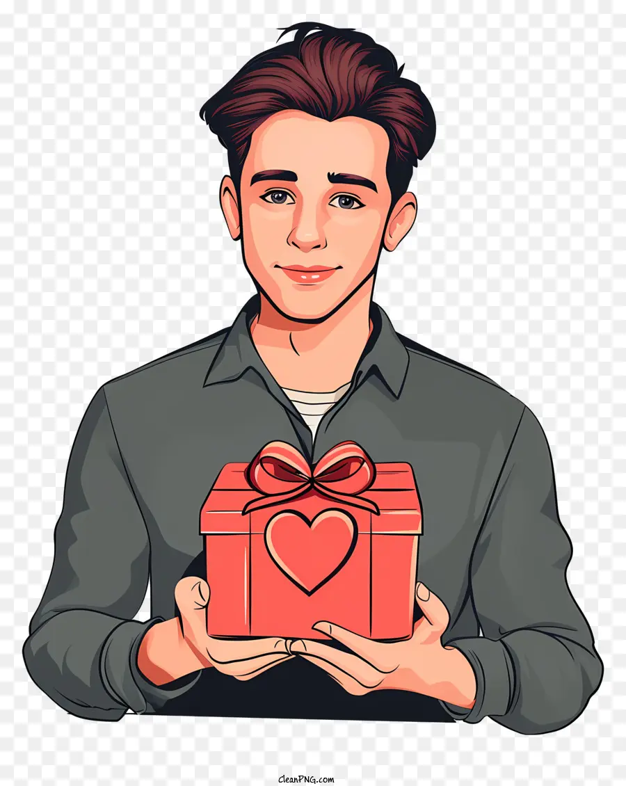 San Valentino regalo per il fidanzato scatola regalo con il cuore sorridente uomo che tiene scatola regalo grigia camicia da regalo con fiocco - Uomo sorridente che tiene la scatola regalo a forma di cuore