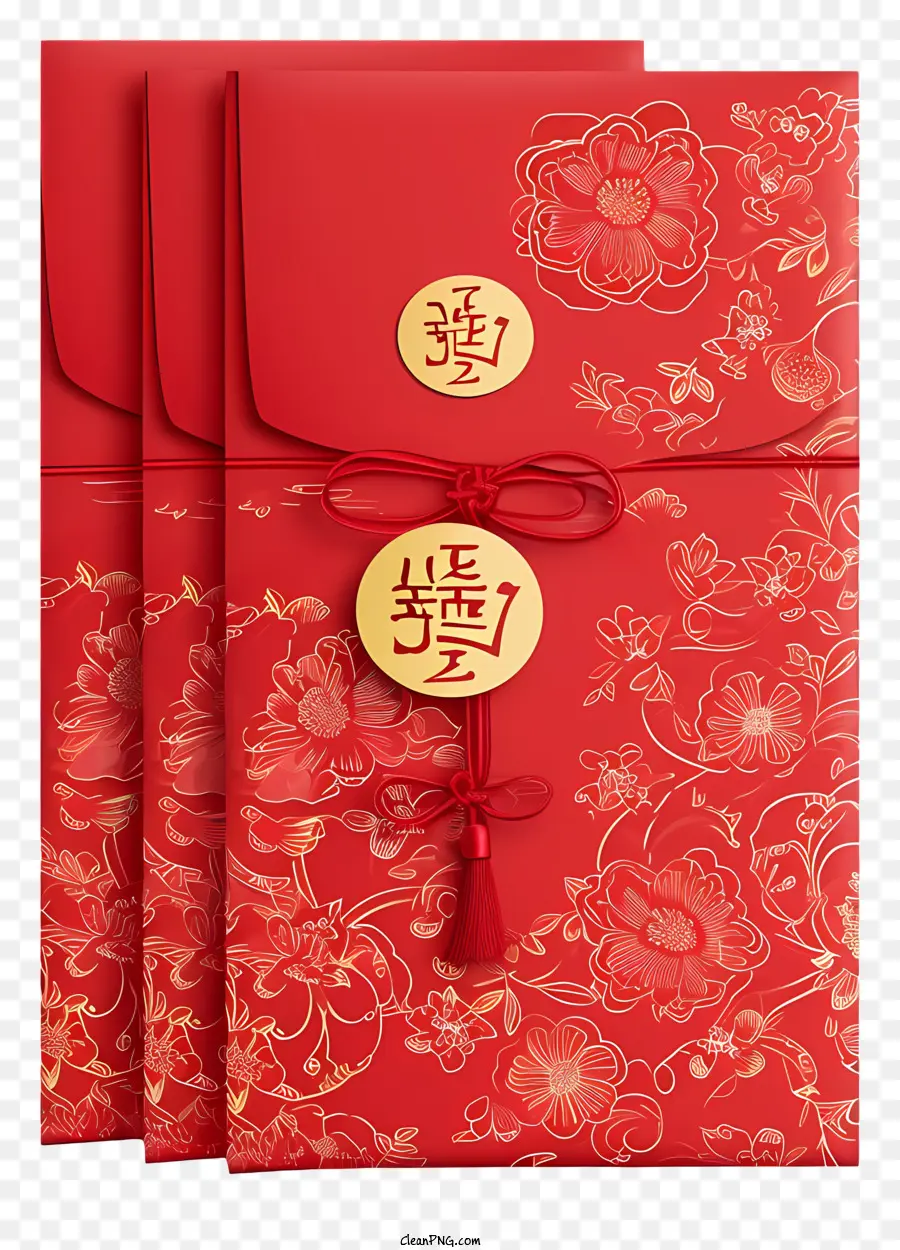 Tết nguyên đán - Phong bì màu đỏ với các ký tự Trung Quốc vàng, hoa văn, ruy băng và con dấu may mắn