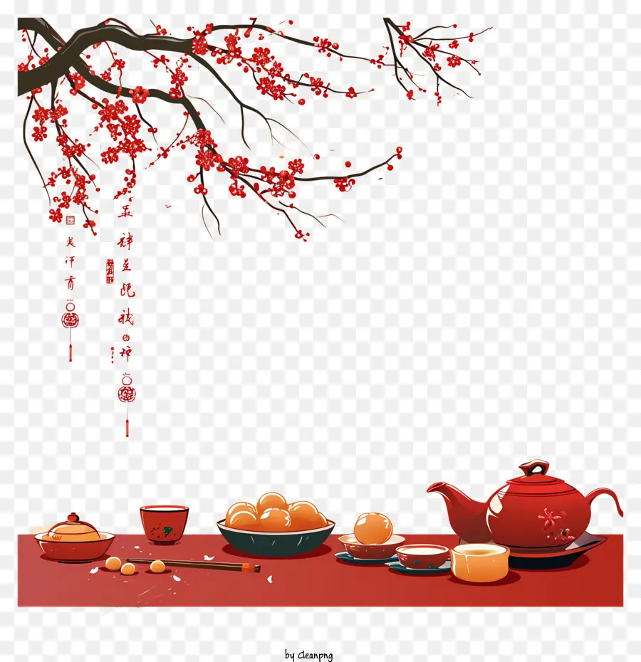 Menu di capodanno cinese in bianco e nero tavolo da fotografia che imposta tazze - Impostazione da tavolo in bianco e nero con fiori di ciliegio