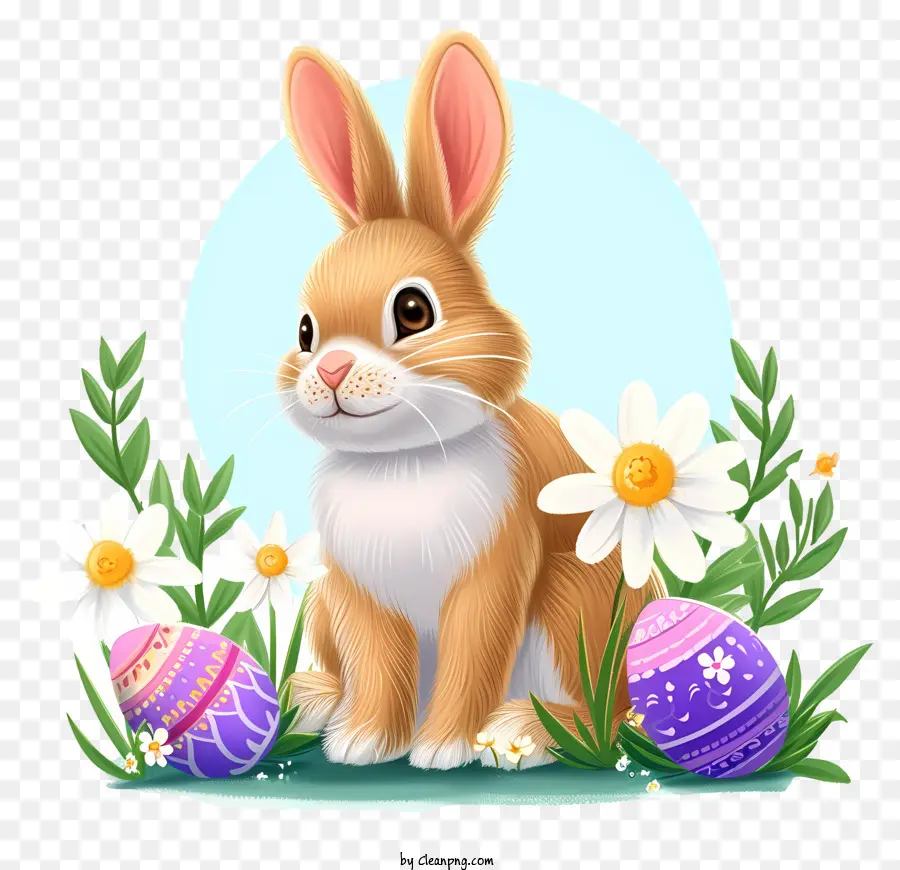 Osterhase - Wunderliche Osterszene mit Kaninchen, Eiern, Blumen