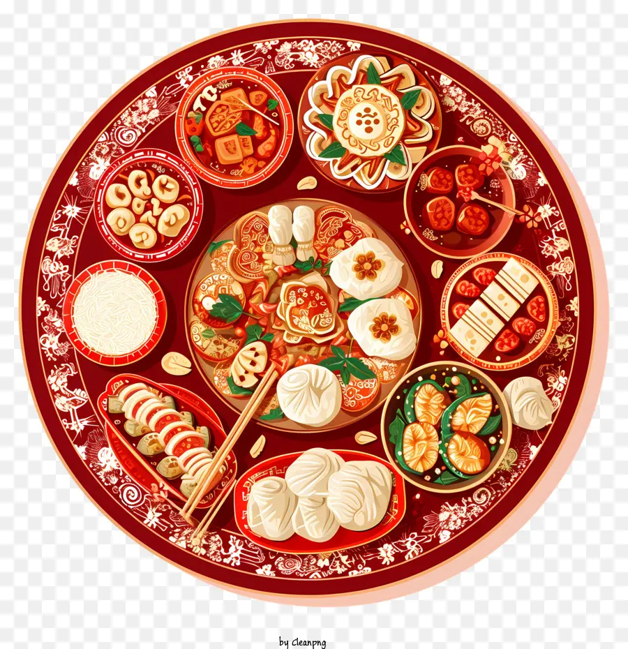 menu di capodanno cinese Rosso round piastra tradizionale cena cinese gnocchi carne - Piatto rotondo colorato con varietà di cucina cinese
