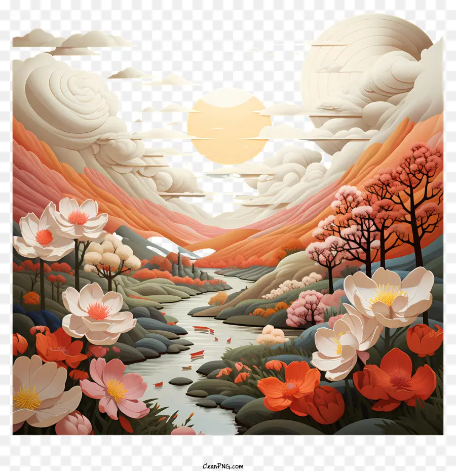 Berge Malerei malerischer Landschaftsbetriebsfluss landschaftlich landschaftlich - Buntes Landschaftsmalerei mit Bergen, Fluss, Sonne