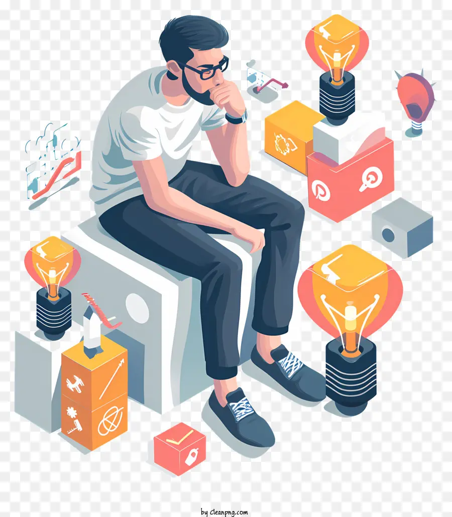 il pensiero - Cartoon Man si siede in scatola, circondato da oggetti elettrici, promuovendo la creatività e la tecnologia