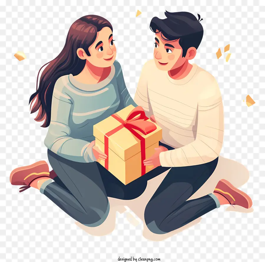 Geschenkbox - Mann und Frau glücklich mit Geschenk in unordentlichem Zimmer