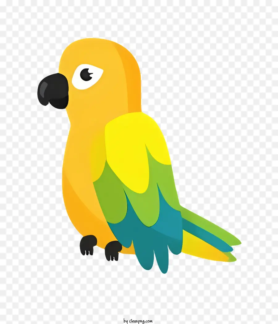 Vogel Papagei - Cartoon gelber Vogel mit blauem Schnabel, grüner Feder, flauschigem Aussehen, Augen geschlossen, Flügel ausbreiten