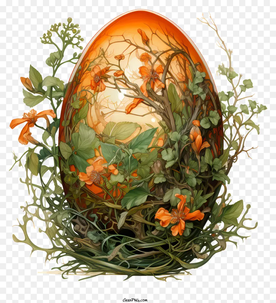 uovo di pasqua - Uovo decorato circondato da fiori e fiamma
