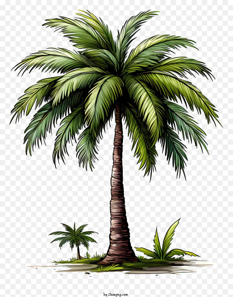Kokospalme - Schwarz -weißes Bild: hohe Palme auf üppiger Insel, umgeben von grünen Büschen mit ruhigem Wasser und klarem blauem Himmel