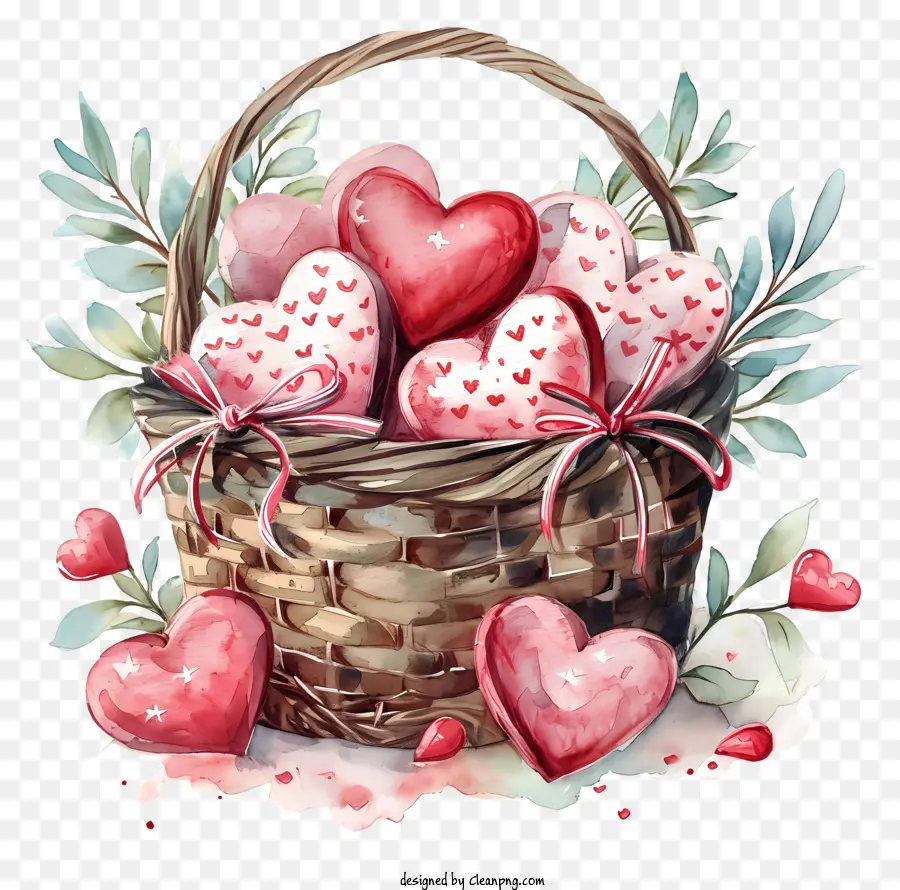 Giỏ quà tặng ngày Valentine - Giỏ đan lát với sôcôla và ruy băng hình trái tim