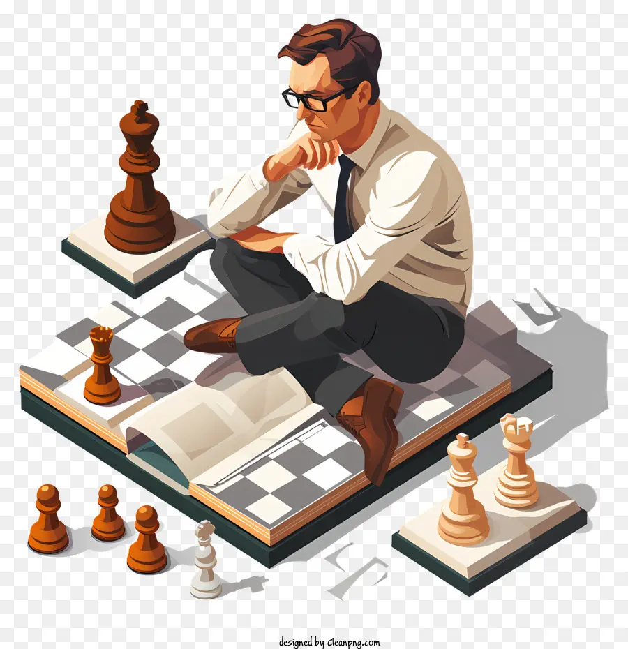 il pensiero - Uomo che studia scacchiere circondato da pezzi di scacchi