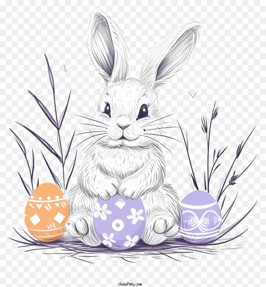 Linea di schizzo del coniglietto di Pasqua Campo di coniglio bianco di fiori multicolore e pasquale del nastro - Coniglio bianco in campo di fiori con uova di Pasqua