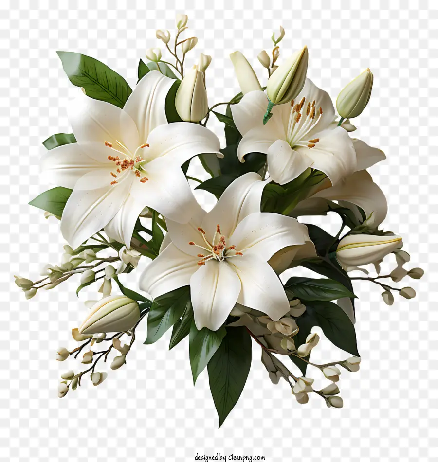 Phục sinh Lily White Lilies Bouquet Black Nền Sắp xếp cụm - Làn hoa màu trắng cụm trên màu đen với lá đối xứng