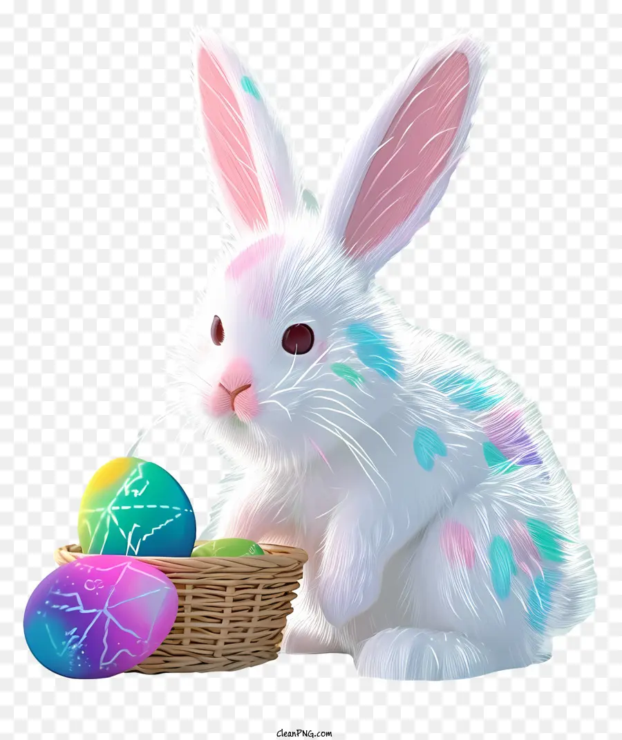 cesto di uova dipinte di coniglio di coniglietto pastello pastello - Coniglio bianco con cestino pieno di uova dipinto