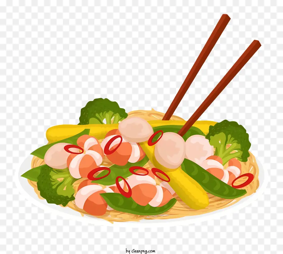 cibo cinese - Piatto di noodles fritte in pala con verdure e gamberi