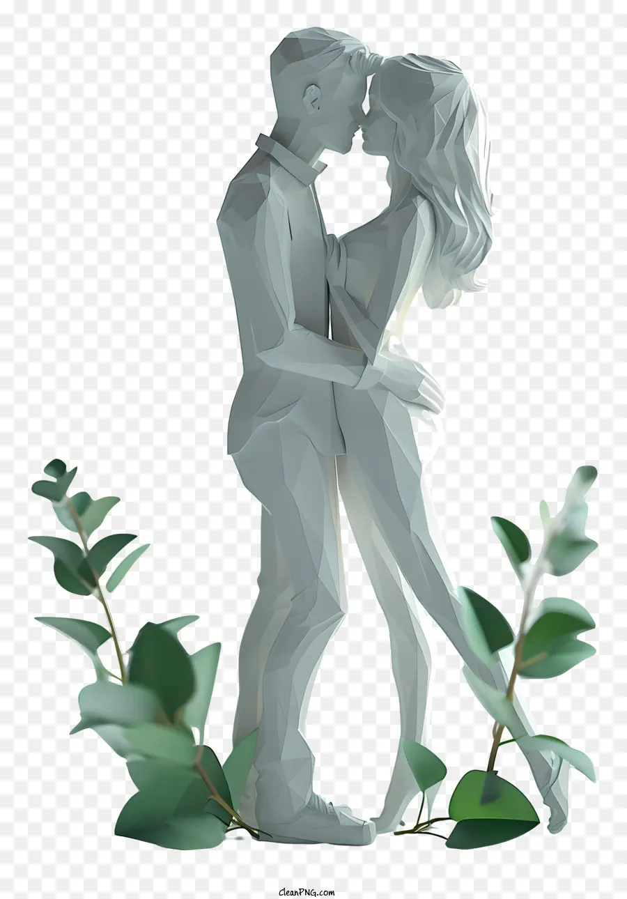 Regalo di San Valentino per la coppia di fidanzati che abbraccia l'abbraccio romantico e il legame intimo di affetto - Coppia abbraccia circondata da foglie verdi, bianco e nero