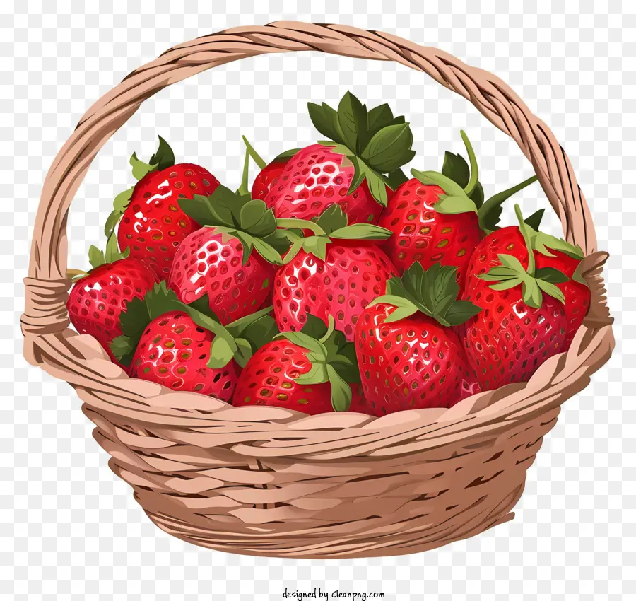 Flacher Erdbeerkorb frische Erdbeeren reife Beeren gewebte Holzkorbgriff - Frische, reife Erdbeeren in einem Holzkorb