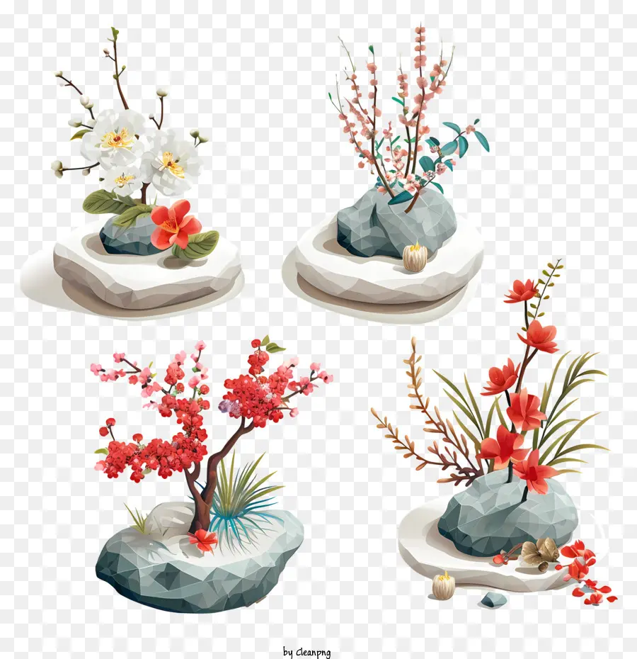 Zen Blumenanordnung Steinblüten kreisförmige Blumenanordnung detaillierte Blumenskulpturen helle Blütenfarben - Detaillierte Steinblumen in friedlicher Formation angeordnet