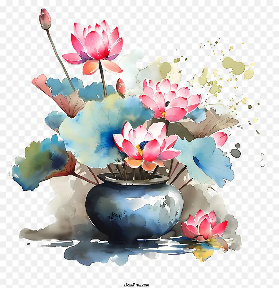 zen flower arrangement painting vase lotus flowers black background