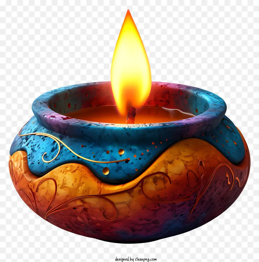 diwali Lampe - Bunte Kerze in dekorativer Schüssel mit goldener Flamme