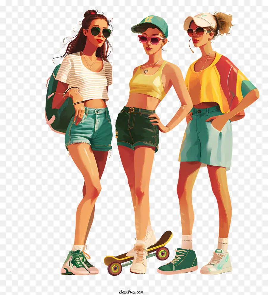 Gitarre - Drei Frauen in Freizeitkleidung mit Skateboard