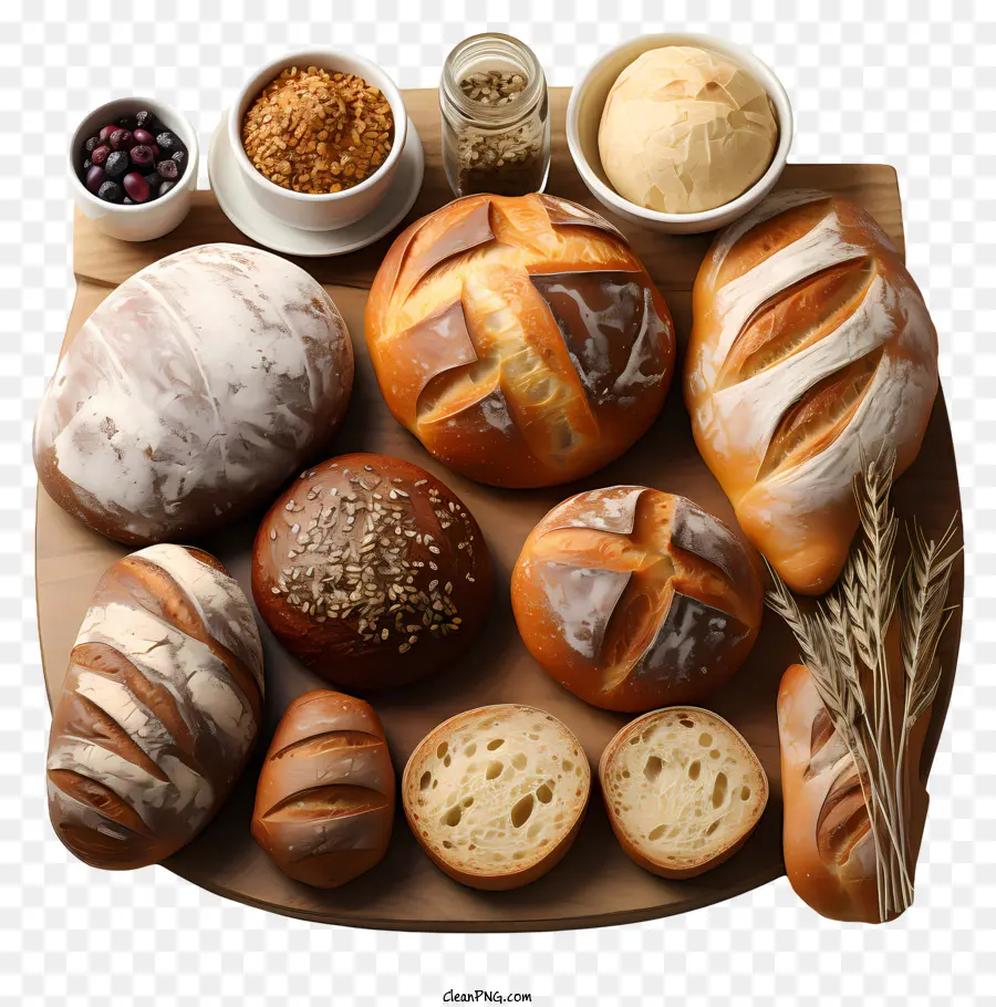 Cartoon Toy Breads weißer Laib Vollkornbaguettes - Verschiedene Brot und Samen, die an Bord angeordnet sind