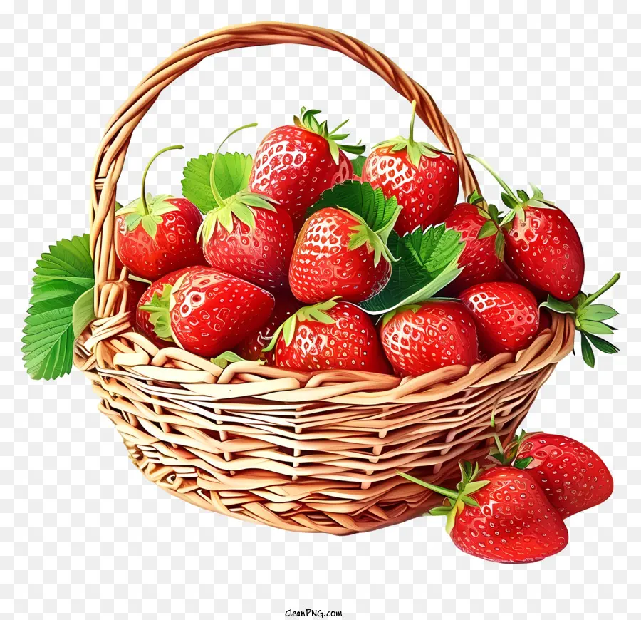 Realistischer Erdbeerkorb Erdbeerkorb reife Erdbeeren Weidenkorb rote Erdbeeren - Korb mit reifen Erdbeeren mit grünen Blättern