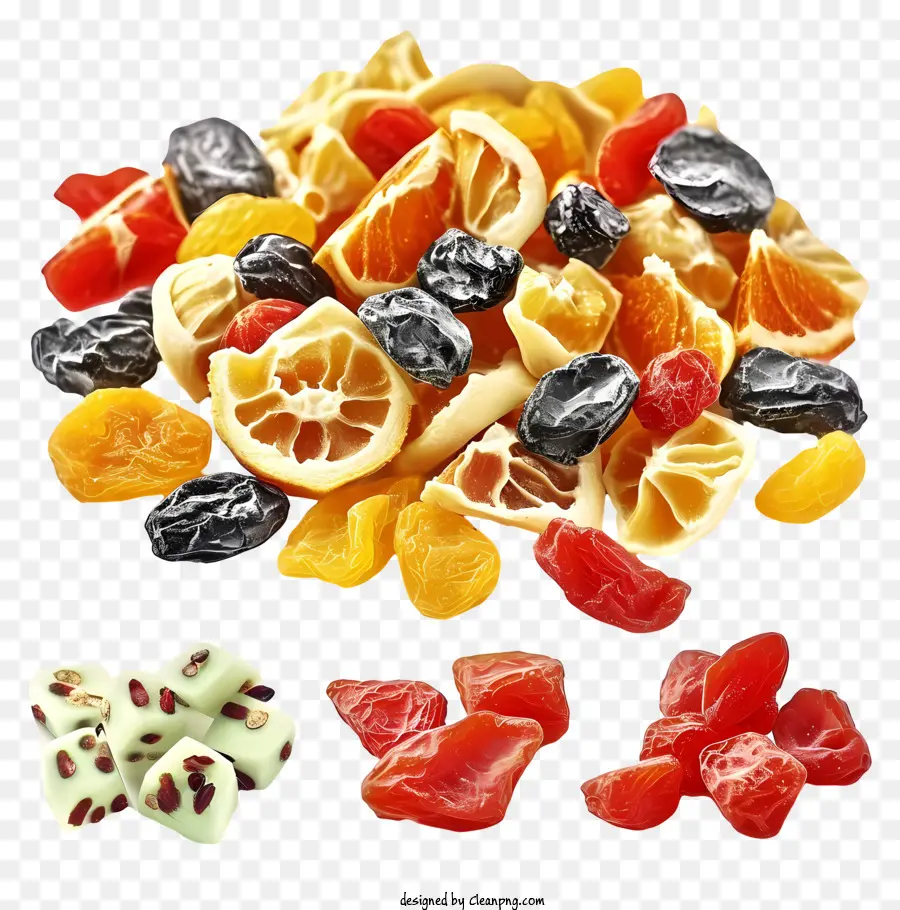 Icona di frutta secca Nuci di frutta secca all'uvetta - Frutta secca, noci, ciliegie; 
Sfondo marrone e nero