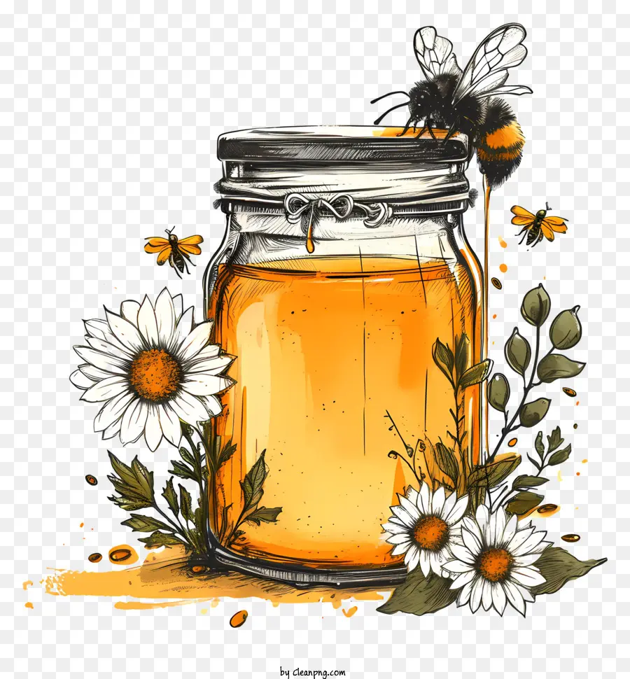 Honigglas Glas Bienenglas aus Honig Löwenzahn grüne Farbpalette - Realistische digitale Illustration von Biene und Honig