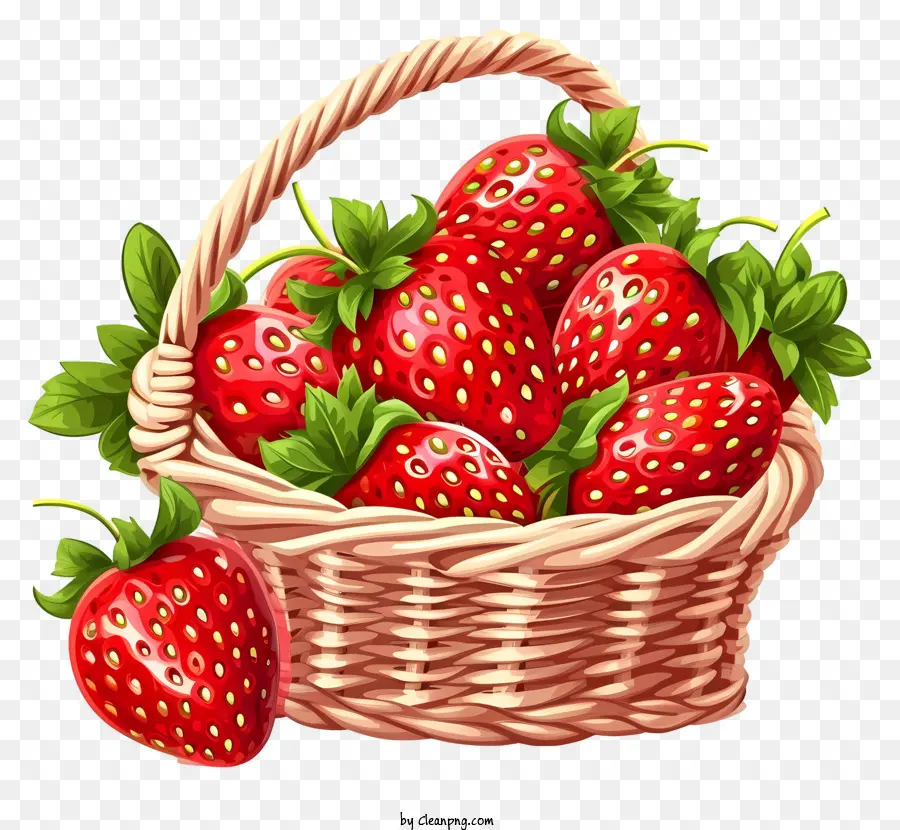 Cartoon Erdbeerkorb frische Erdbeeren reife Erdbeeren Weidenkorb pralle Erdbeeren - Überfüllter Korbkorb mit frischen, glänzenden Erdbeeren