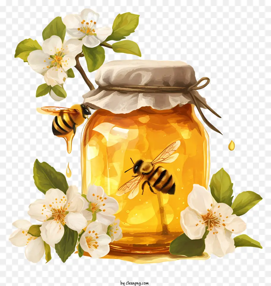 Honigglas Glas Bienenstock Honigbehälter Bienen - Honig, der aus Bienenstock in Behälter strömt, Bienen fliegen