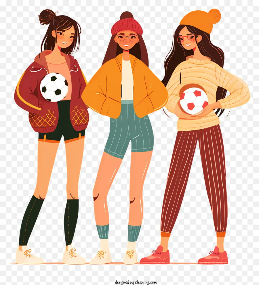 Teamarbeit - Drei Frauen in Freizeitkleidung mit Fußballkugeln