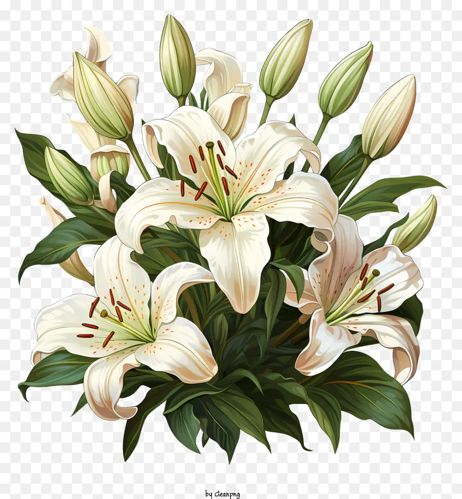 easter lily white lilies bouquet green leaves black background