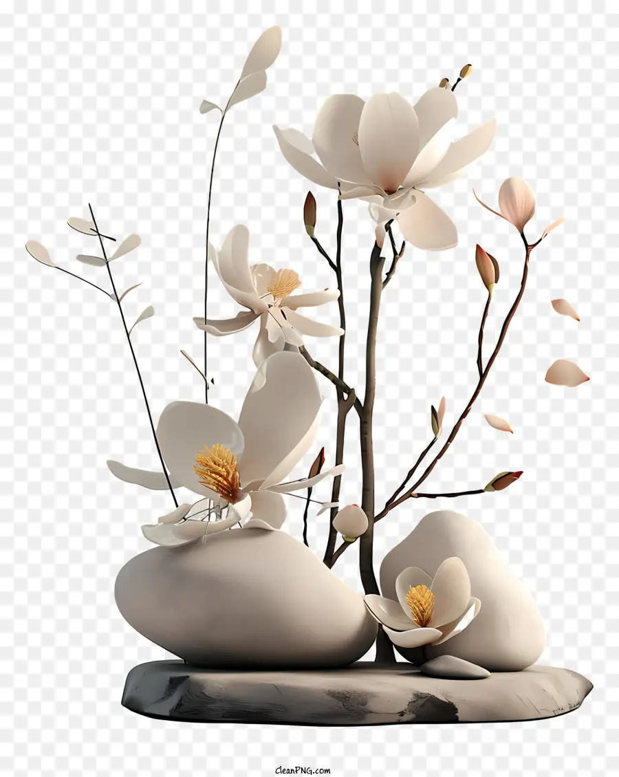 Zen hoa sắp xếp hoa trắng tự nhiên đá và trắng hình ảnh - Hình ảnh chi tiết của ba bông hoa trắng trên đá