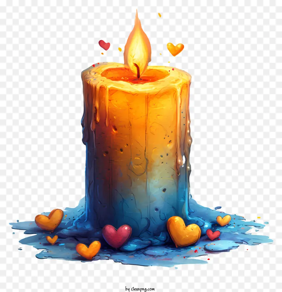 Candela a lume di candela che brucia cuori romantici intimi - Candela in fiamme con liquido traslucido, circondata da cuori