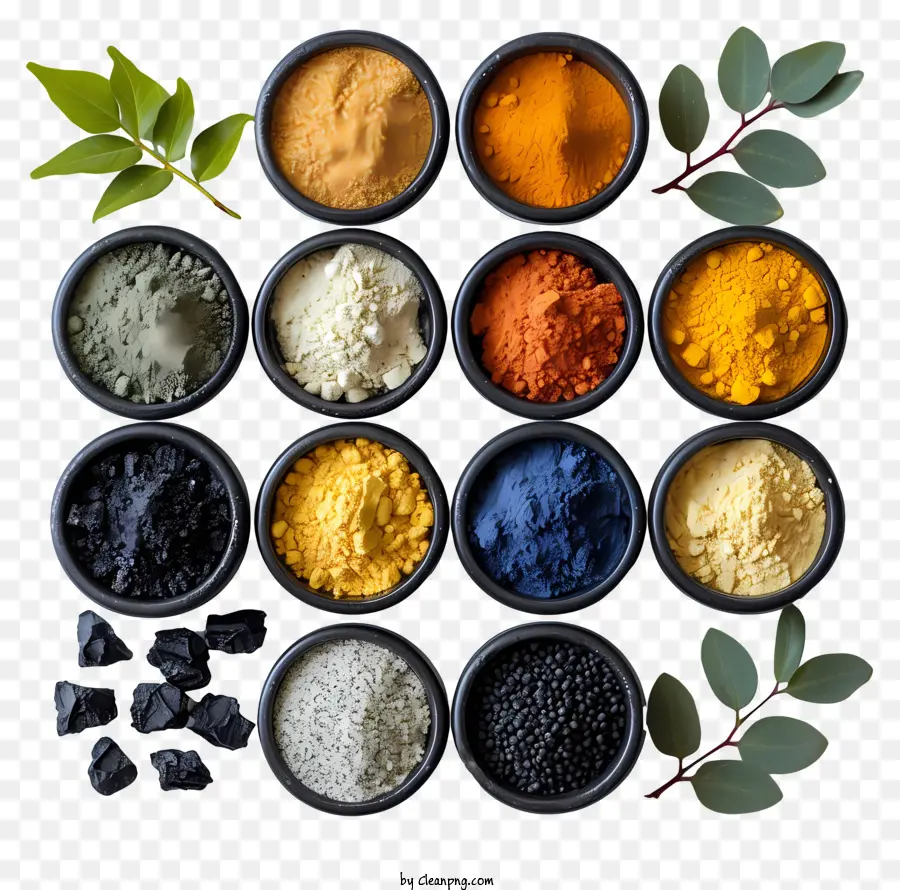 Holi -Pulver natürliche Inhaltsstoffe Spa -Behandlungen Schönheitsbehandlungen farbige Pulver - Verschiedene natürliche Zutaten, die in Schalen angeordnet sind