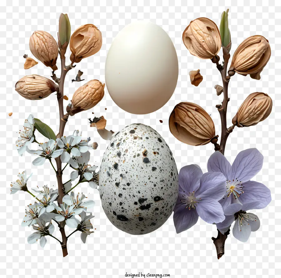 Ei - Ei, Nüsse, Blumen auf dem Boden vor schwarzem Hintergrund