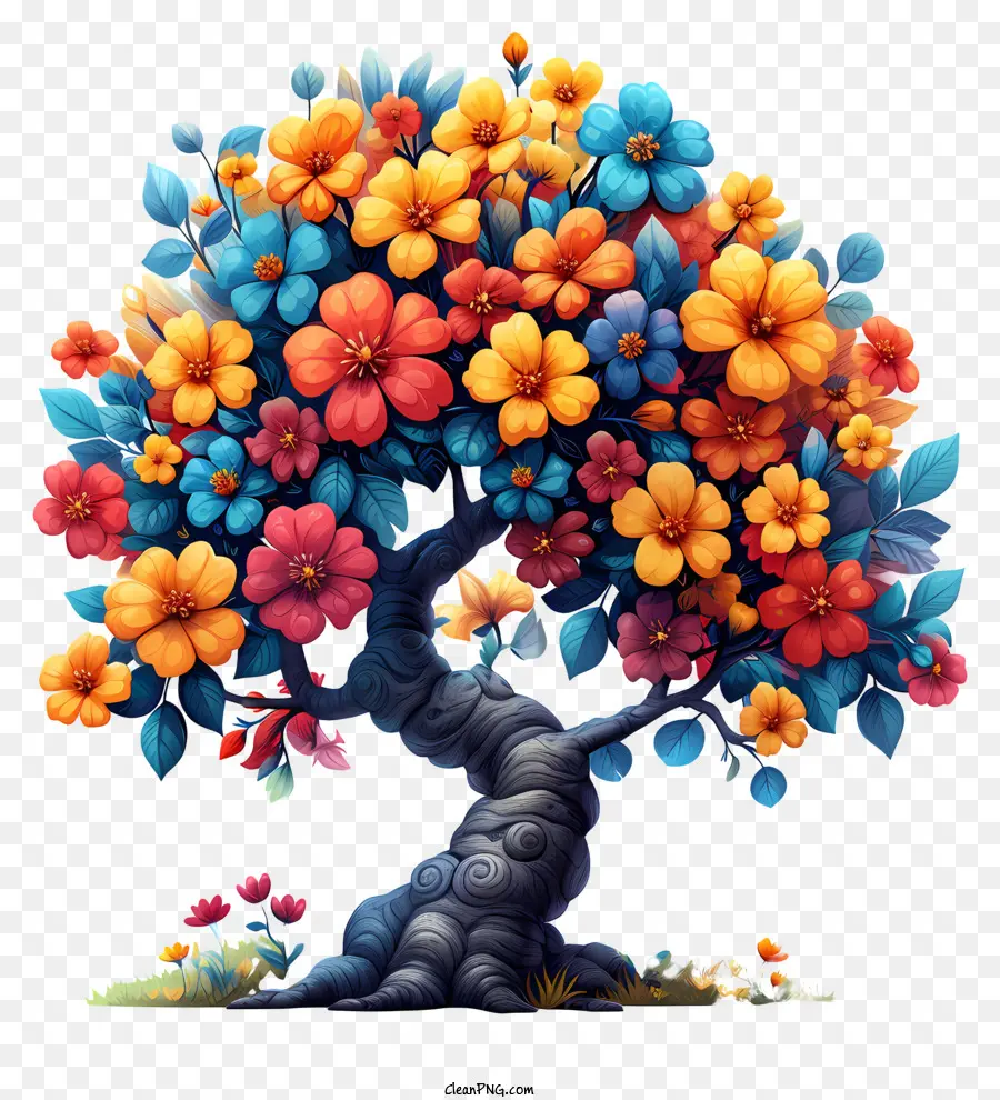 abstrakter Baumbaum mit Blumen lebendige Blüten helle Blüten Orange und blaue Blüten - Lebendiger Baum mit farbenfrohen Blumen auf dunklem Hintergrund