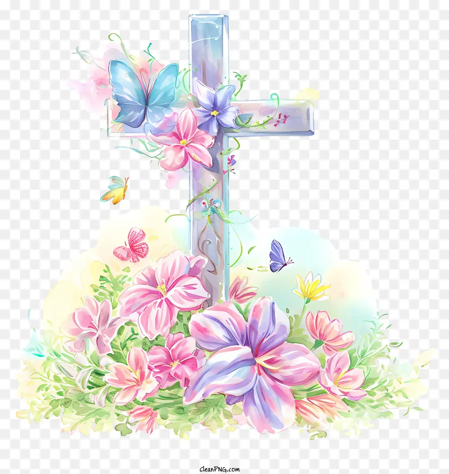 Frohe Osterkreuz Kreuz bunte Blumen Schmetterlinge Holzkreuz - Bunte Blumen und Schmetterlinge umgeben ein rosa Holzkreuz