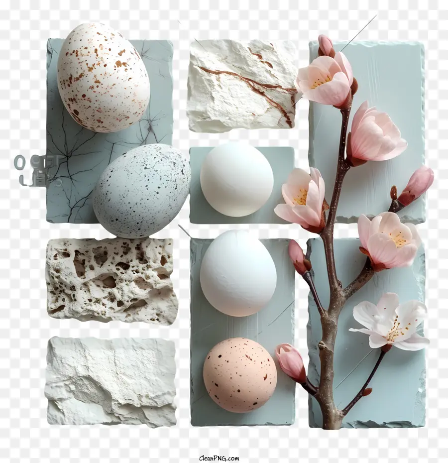 uova di Pasqua uova di Pasqua fiori rosa ramo con fiori bianchi e uova rosa - Uova, fiori rosa, ramo con fiori: tableau colorato