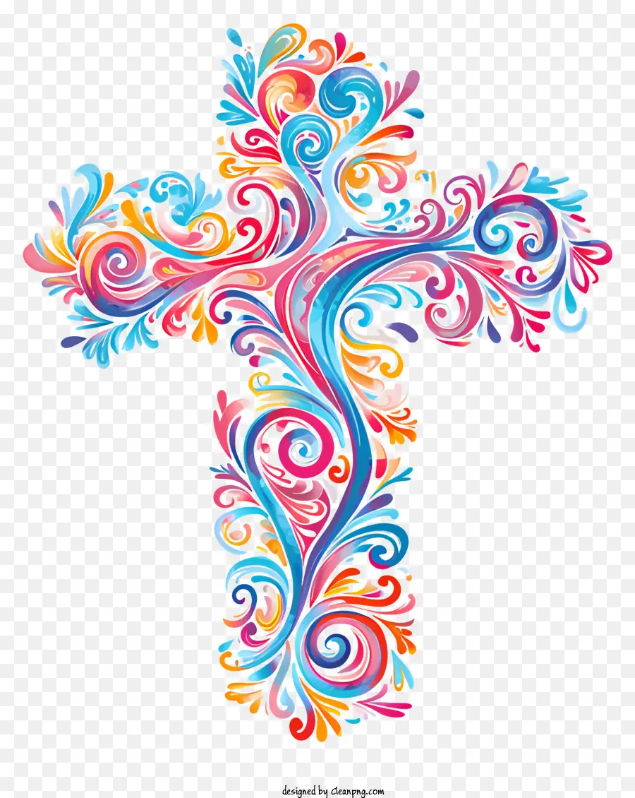 Frohe Osterkreuz dekoriertes Kreuz hellfarbene Wirbel komplizierte Muster Floral Designs - Farbenfrohes, skurriles Kreuz mit komplizierten Blumenmustern