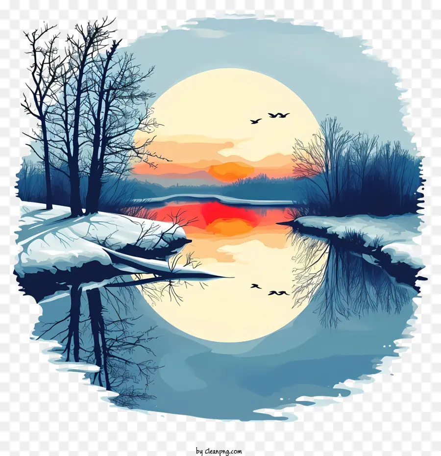 Wintermorgen Sonnenuntergang Mondhimmel Körper des Wassers - Sonnenuntergang mit Mond, Wasser, Bäumen und Vögeln