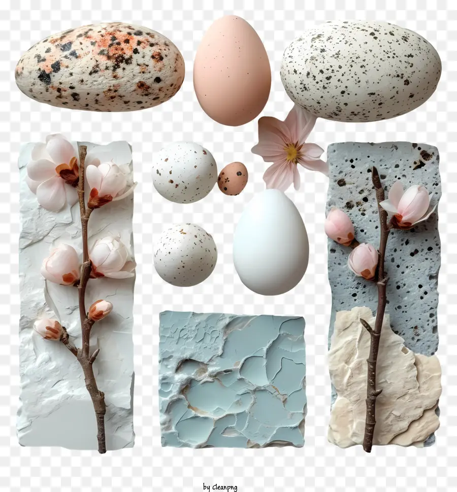 Raccolta di uova di roccia di Pasqua Calcine di uova bianche uova di fioritura - Collezione di rocce, uova, ramo con fiori
