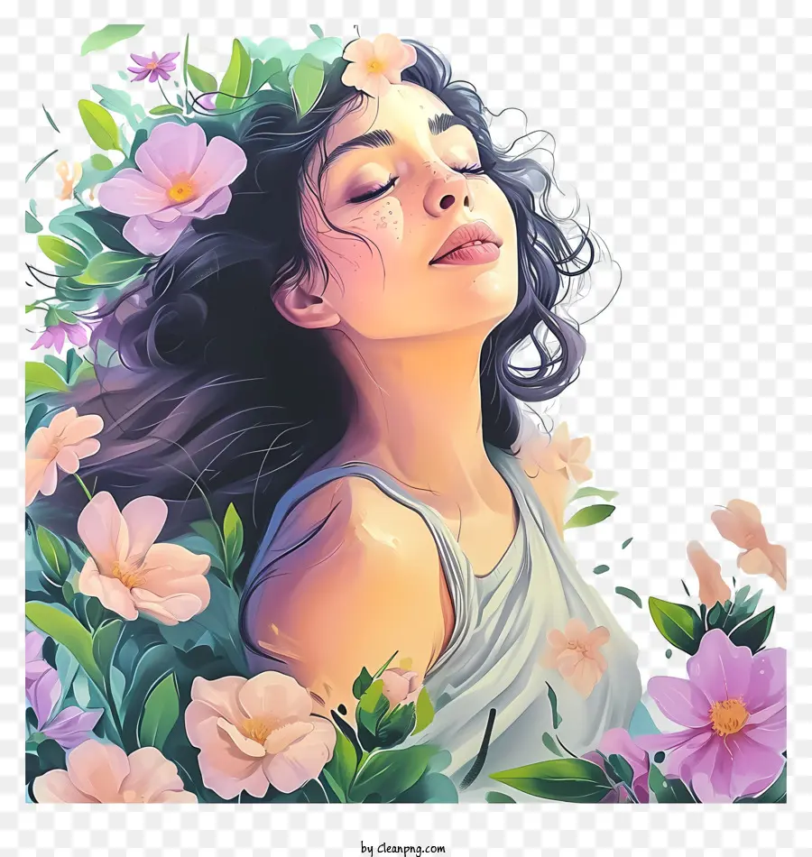 Pastellfrau und Blumen malen schöne Frau Blumen realistische Kunst - Gelassene Gemälde der Frau in floralen Umgebungen