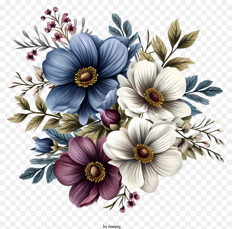 Custom Blumen Bouquet aus farbenfrohen Blumen blaue und lila Blütenblätter grüne Blätter lebendige Farbpalette - Buntes Blumenstrauß aus blauen und lila Blüten
