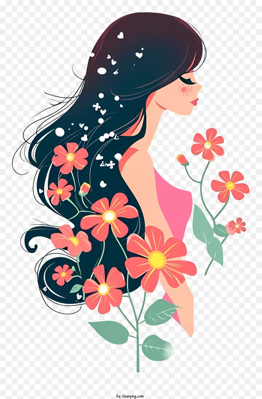Frau und Blumen simple Vektorkunst Schönheit langes Haar schwarzes Haar lächeln - Gelassenheit und Schönheit in einer floralen Landschaft