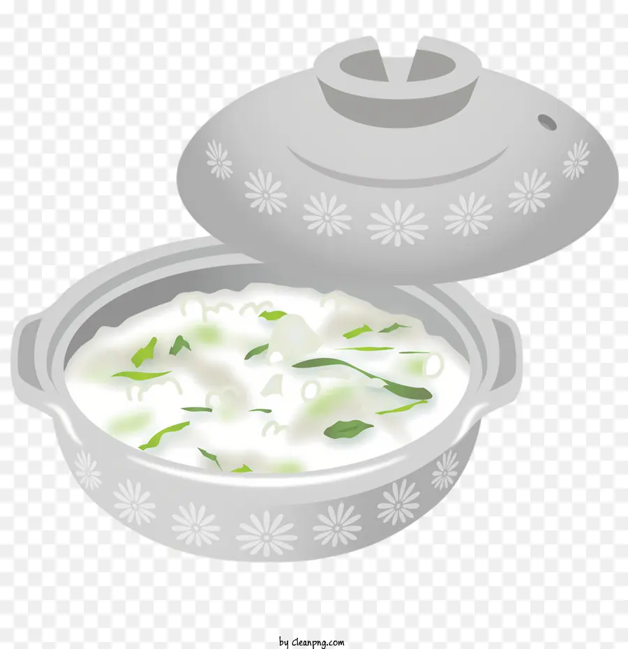 cibo porridge bianco porridge erbe guarnizioni verdi - Contenitore con porridge bianco, erbe verdi e rosse