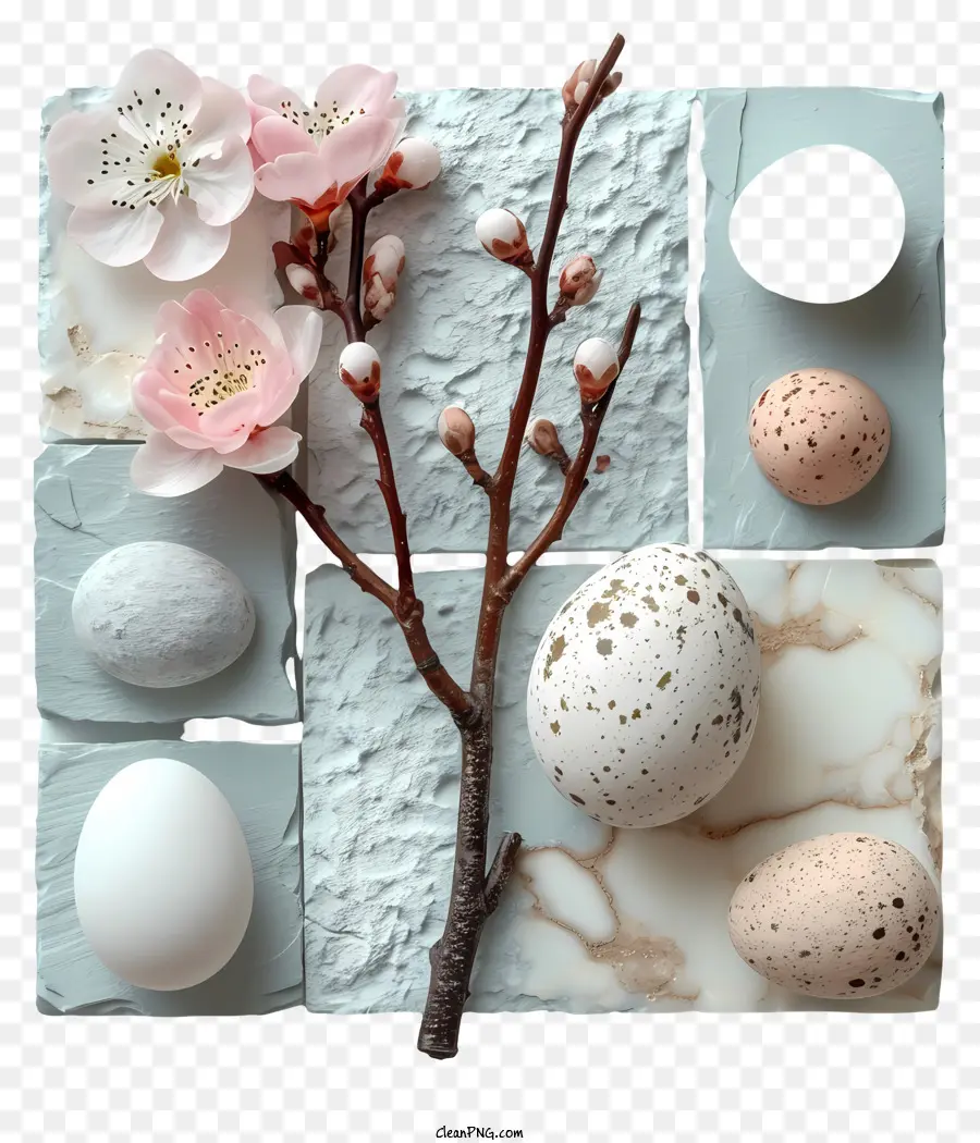 Pasqua uova di uova di pietra in pietra forme - Varie uova sulla superficie di pietra con ramo