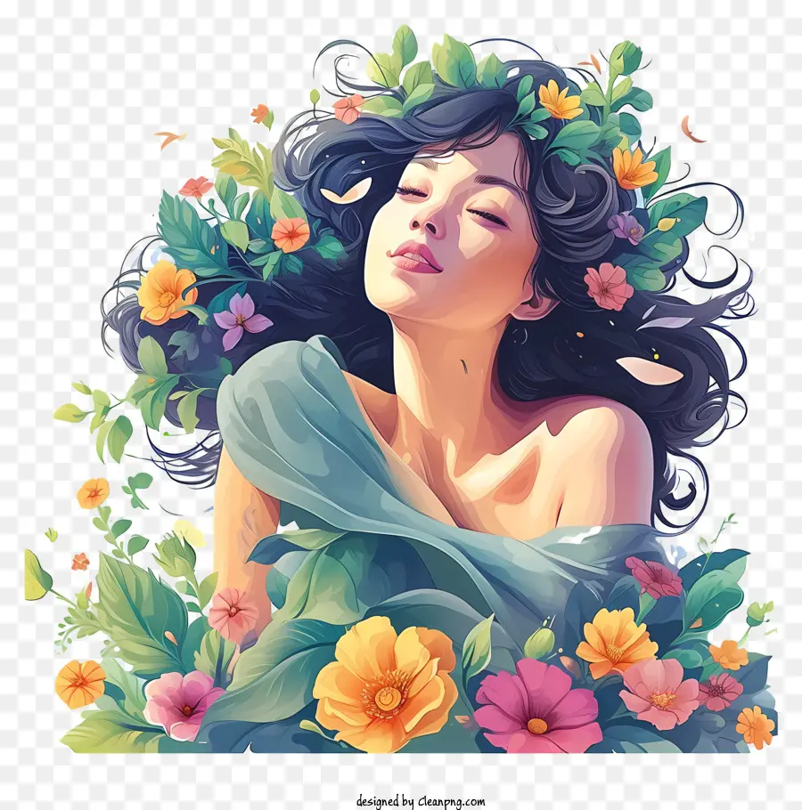 Donna carina e colorata e fiori Donna capelli lunghi capelli neri - Donna con capelli neri in abito floreale, contemplativa
