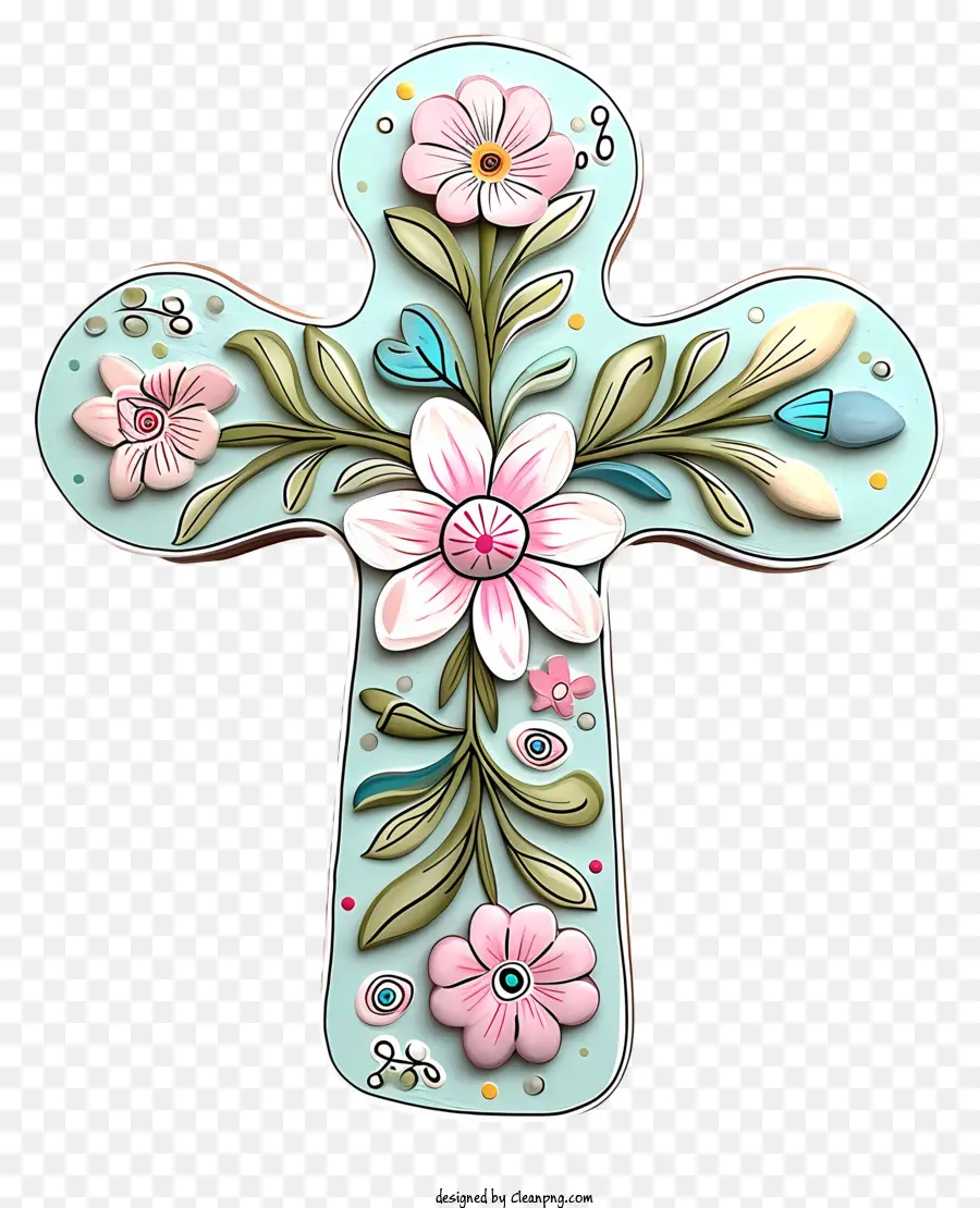 Happy Pasqua Cross Floral Cross Design Modello floreale rosa e blu disposizione floreale vorticoso fiore -floreale circolare - Croce floreale colorata con modello di design vorticoso