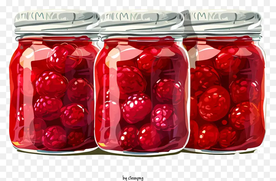 Berry Compote Fruit Compote Himbeeren frische Himbeeren Himbeergläser - Drei bunte Gläser frischer Himbeeren am Tisch